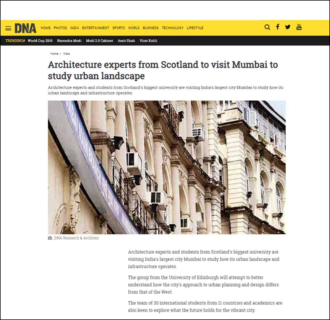 Architecture experts from Scotland to visit Mumbai to study urban landscape, DNA India - January 2014